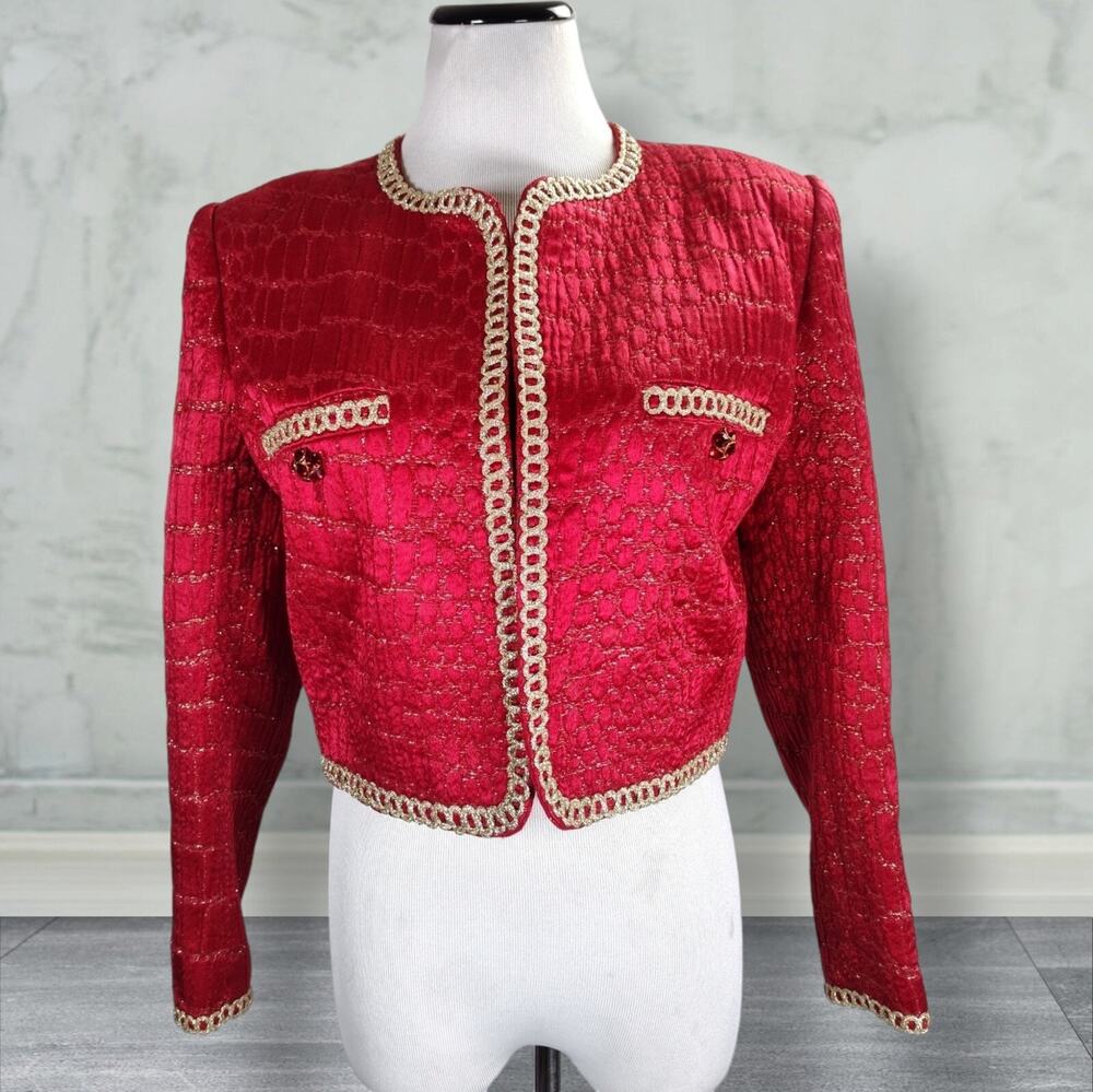 Max Mara Pianoforte Vintage Red Metallic Brocade Cropped Jacket Silk Wool 8
